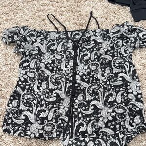 Express Black and White Paisley Off the Shoulder blouse with spaghetti straps